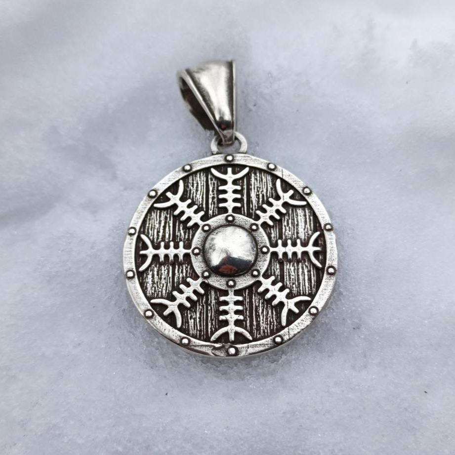 Helm of Awe on viking shield silver pendant