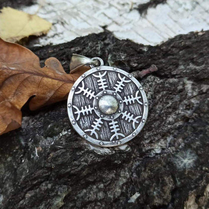 Helm of Awe on Viking shield silver plated pendant
