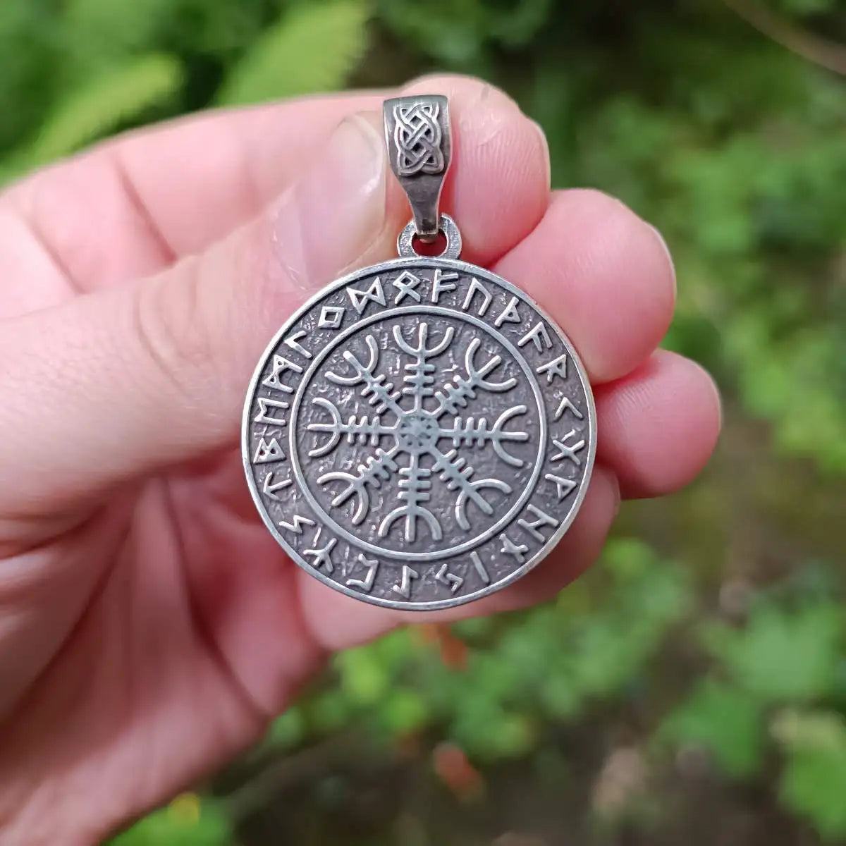 Helm of Awe in Futhark circle silver pendant   