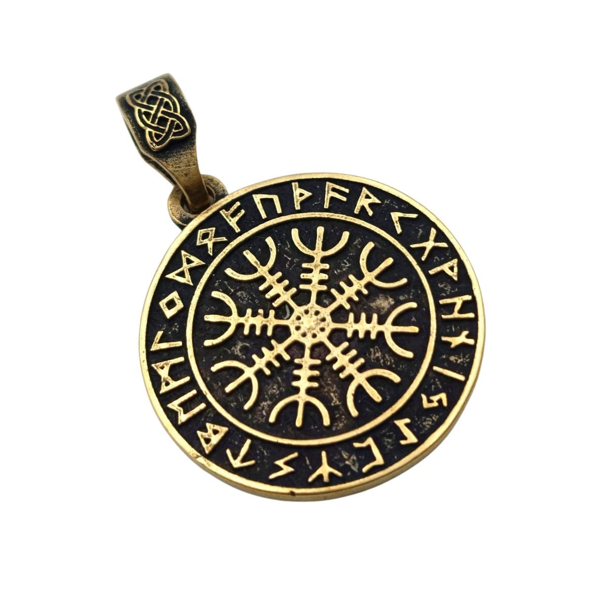 Helm of awe in circle of Elder Futhark runes bronze pendant
