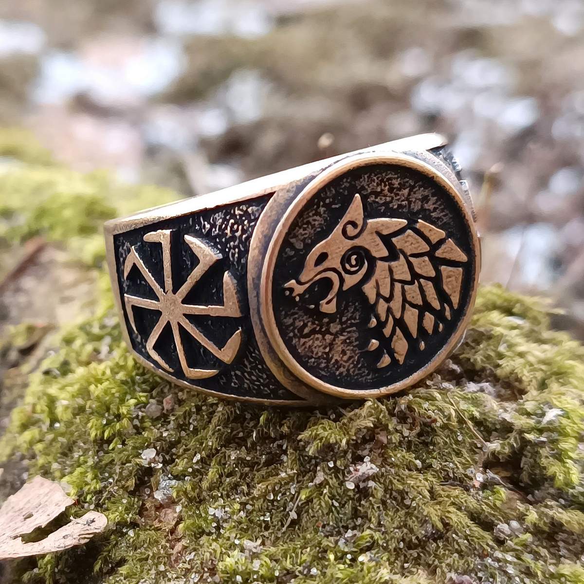 Slavic wolf Sun wheel bronze ring