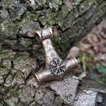 Bronze Mjolnir pendant with runes