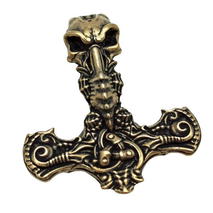 Hammer of Thor bronze skull pendant