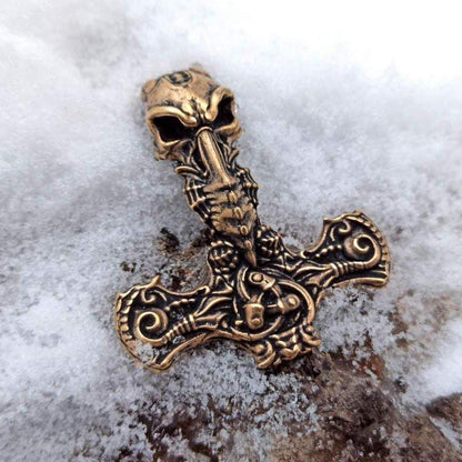 Hammer of Thor bronze skull pendant