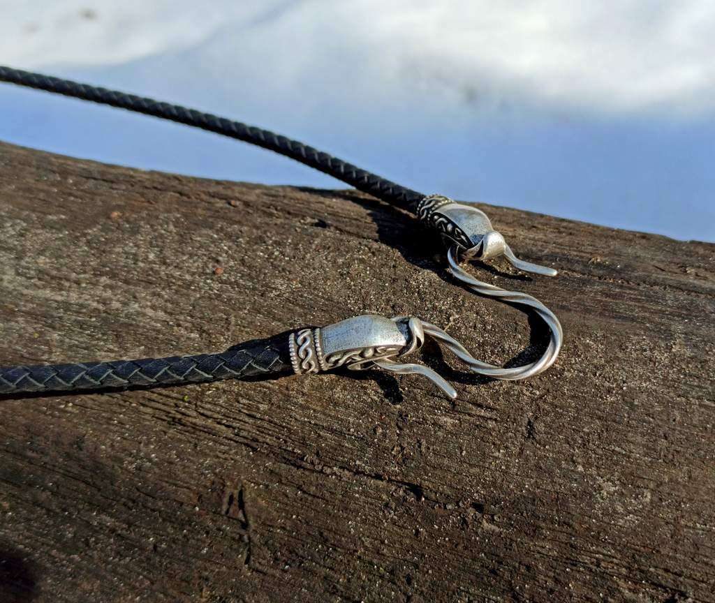 Norse Dragon leather necklace with Silver plated clasps   