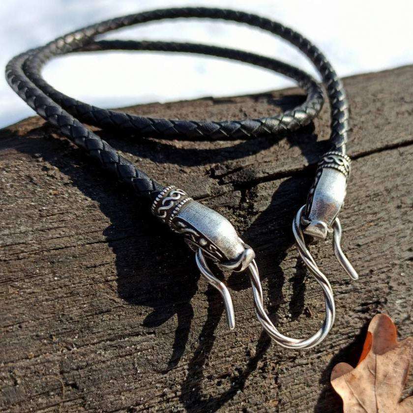 Norse Dragon leather necklace with Silver plated clasps