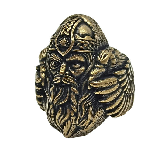 Odin with ravens bronze signet ring 7 US Bronze with patina 