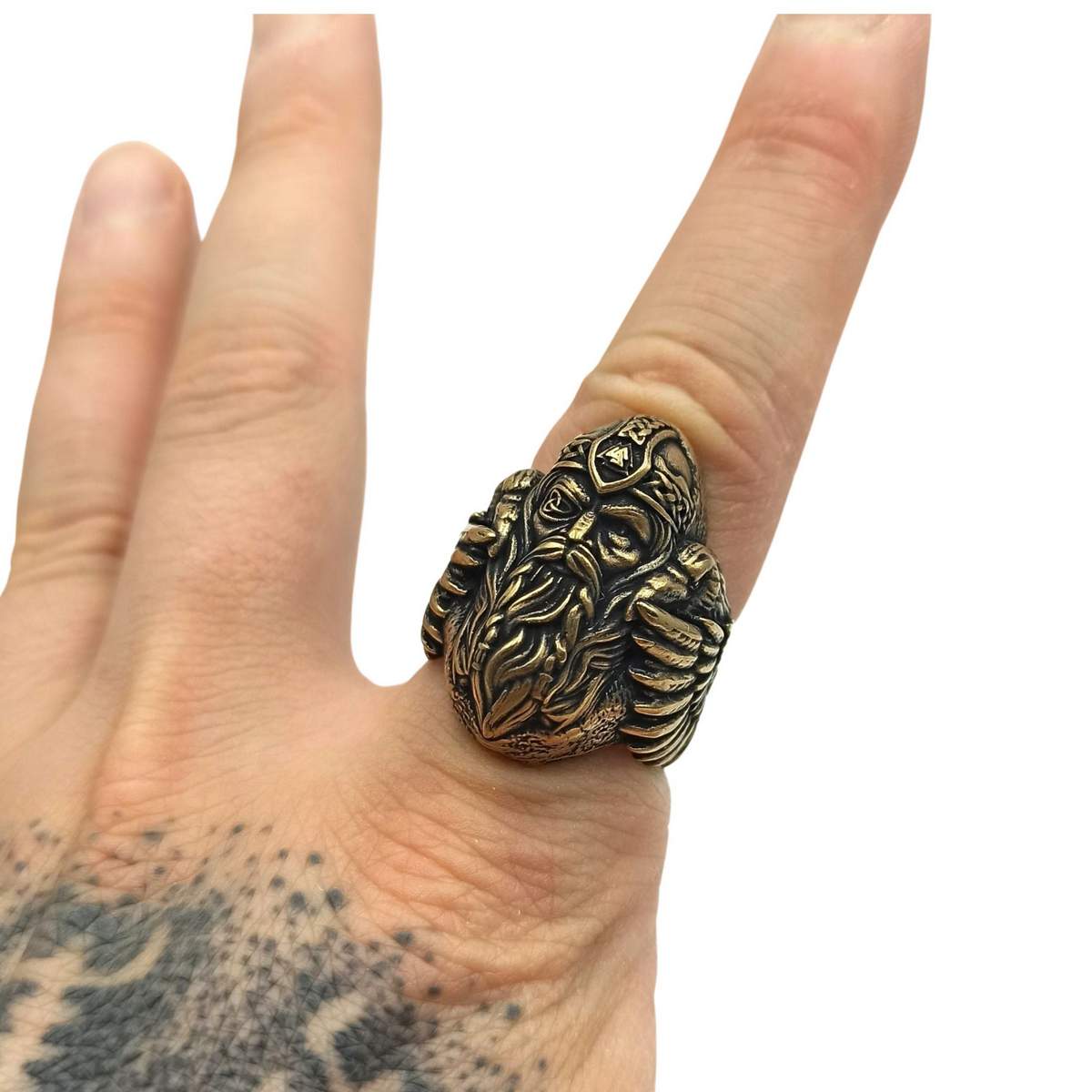Odin with ravens bronze signet ring