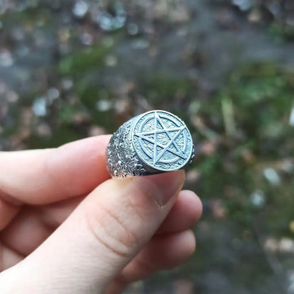 Wiccan pentacle signet silver ring