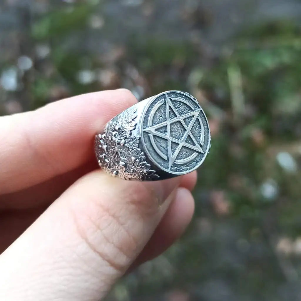 Wiccan pentacle signet silver ring   