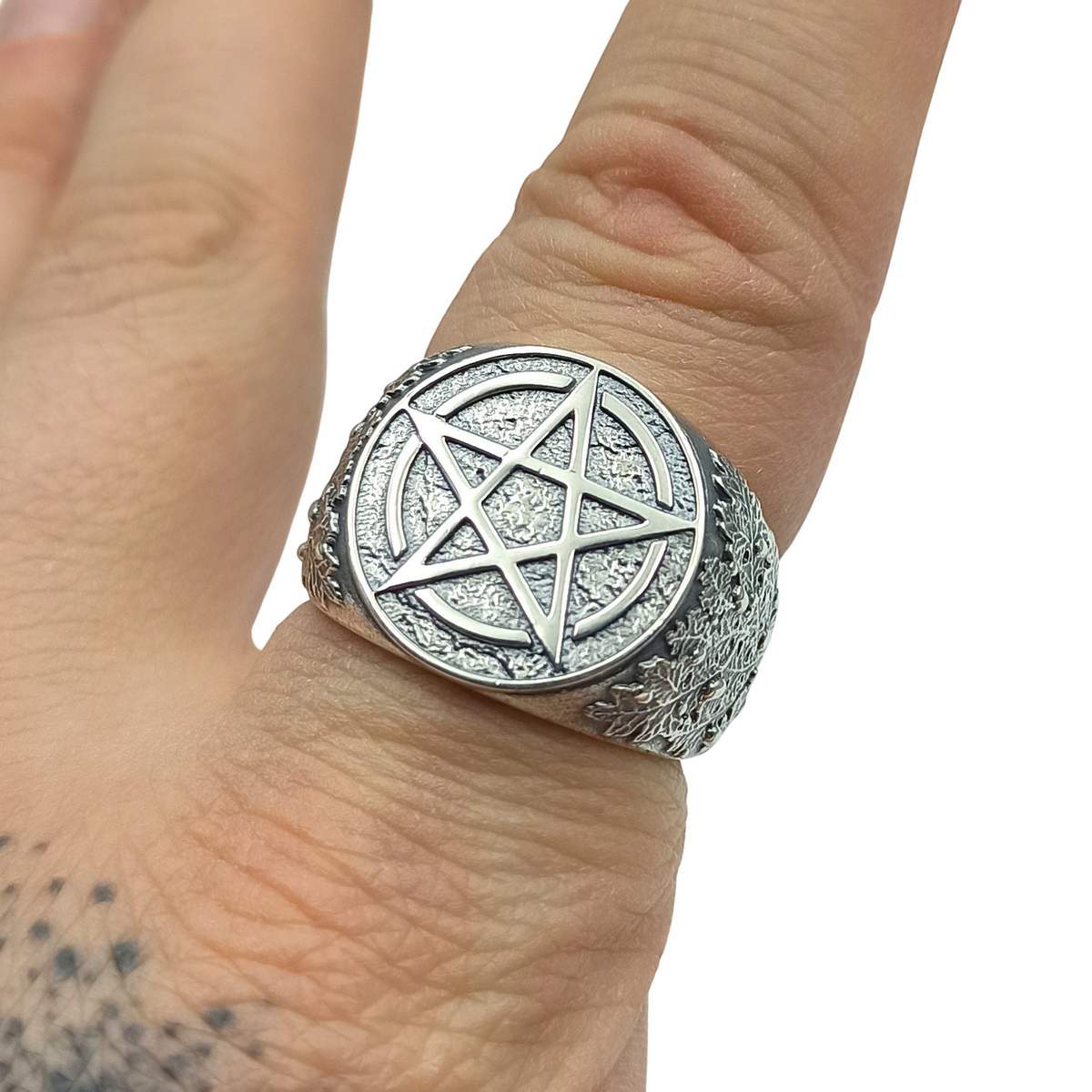 Wiccan pentacle signet silver ring