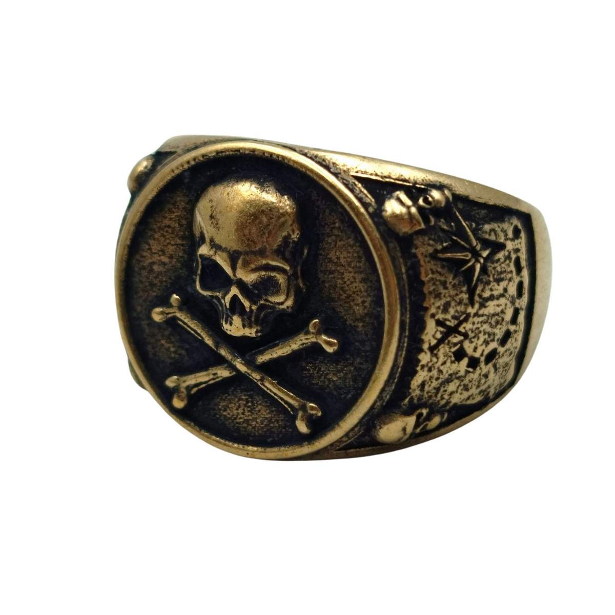 Pirate skull signet bronze ring 6 US Bronze with patina 