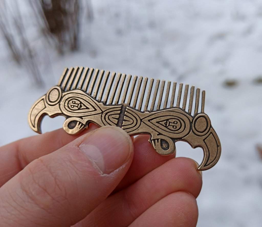 Viking raven beard bronze comb