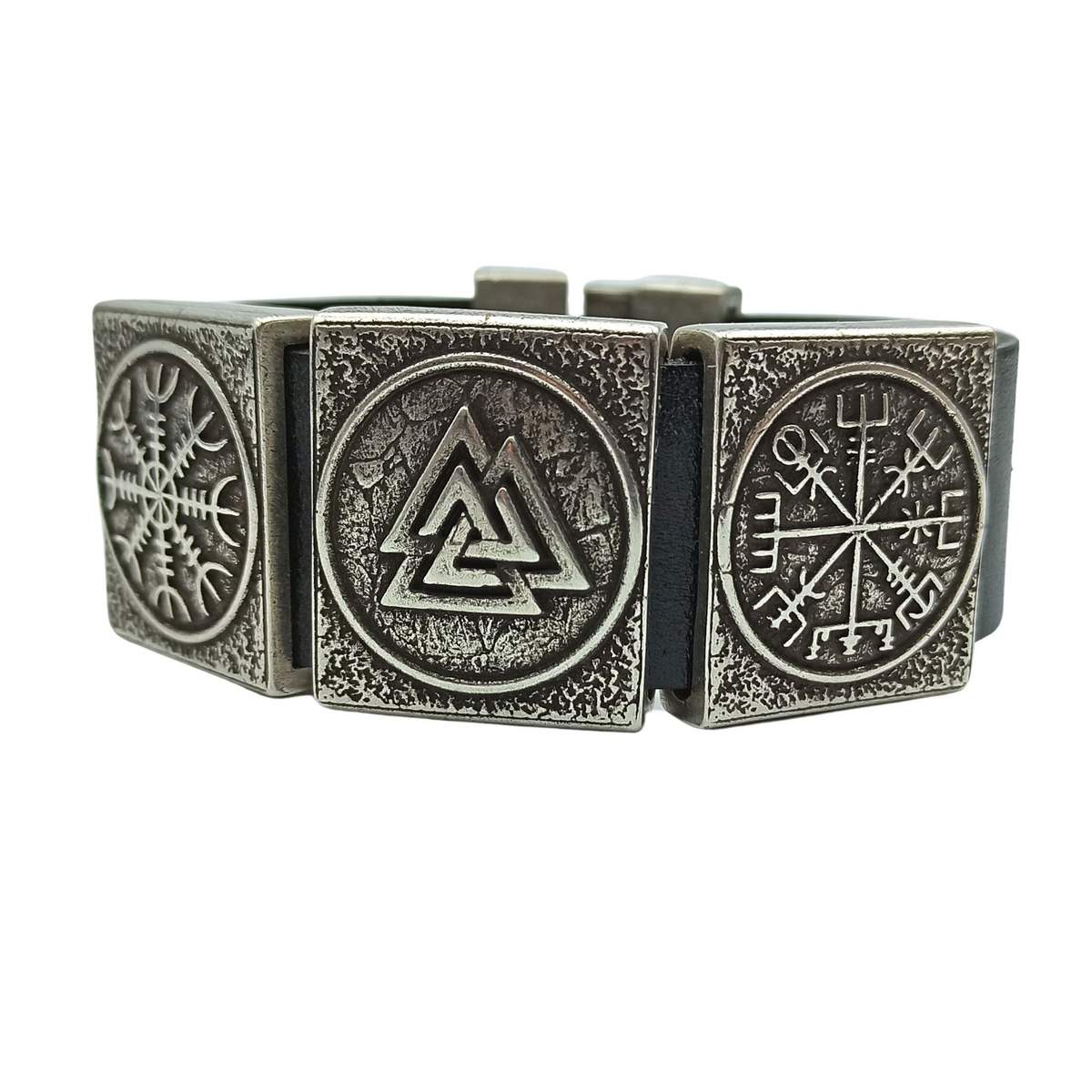 Viking rune leather bracelet 16 cm | 6.3 inch Silver plated bronze 