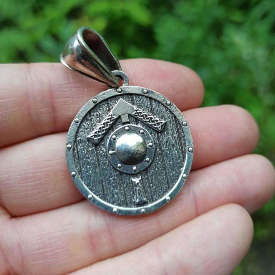 Tiwaz rune on viking shield silver pendant   