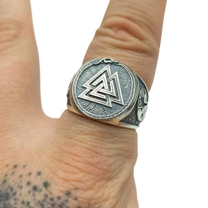 Valknut with germanic ravens silver signet ring