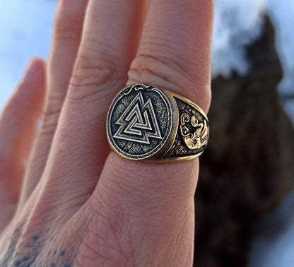 Valknut Symbol germanic raven bronze ring