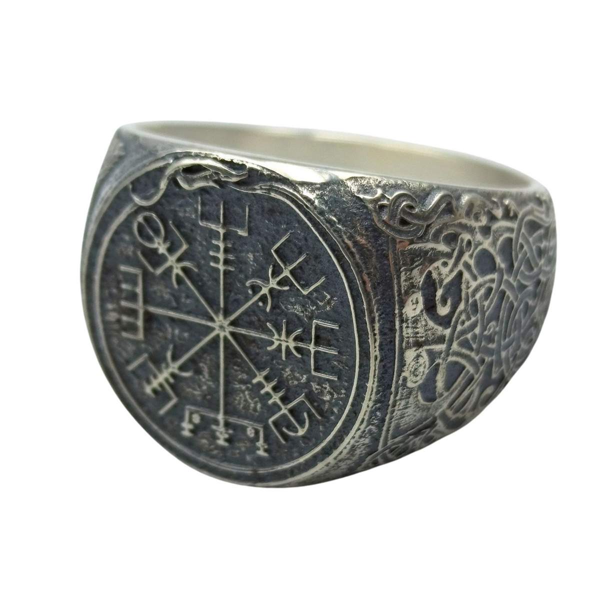 Vegvisir with Mammen ornament silver signet ring 6 US/CA  