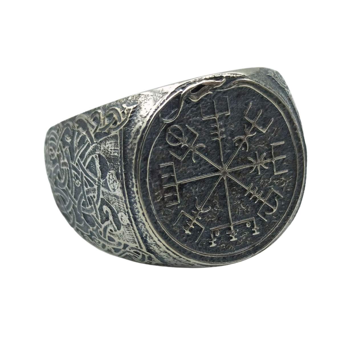 Vegvisir with Mammen ornament silver signet ring   