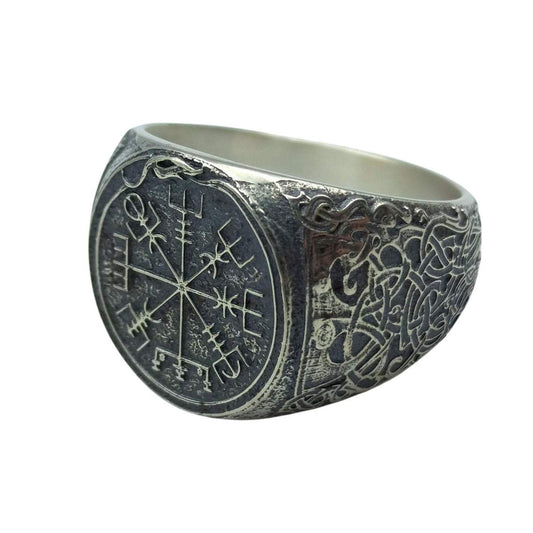Vegvisir with Mammen ornament silver signet ring
