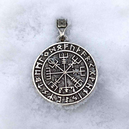 Vegvisir in Futhark circle silver pendant