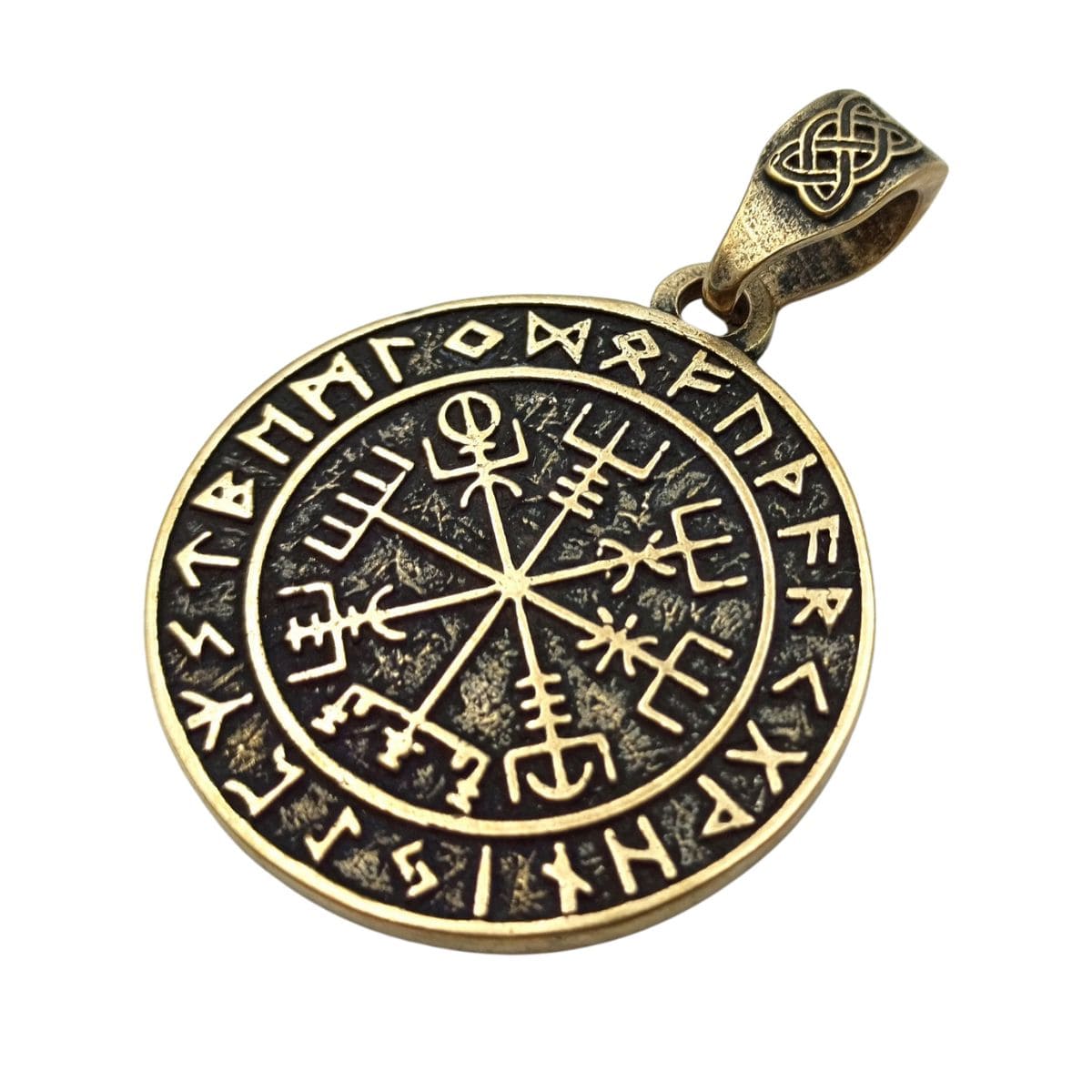 Vegvisir in circle of Elder Futhark runes bronze pendant