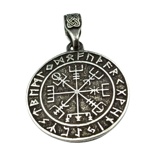 Vegvisir in circle of Elder Futhark runes silver plated pendant