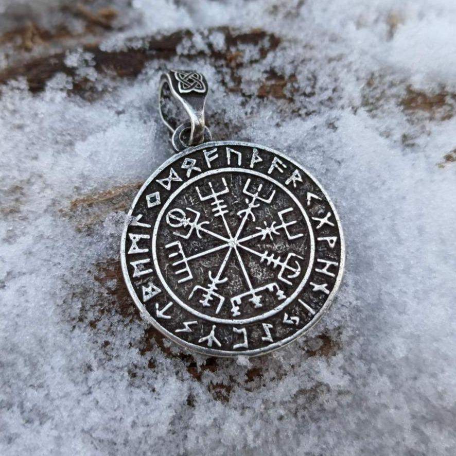 Vegvisir in circle of Elder Futhark runes silver plated pendant