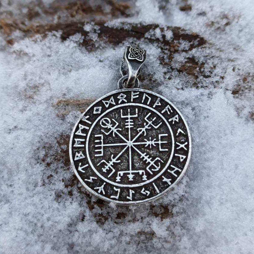 Vegvisir in circle of Elder Futhark runes silver plated pendant   