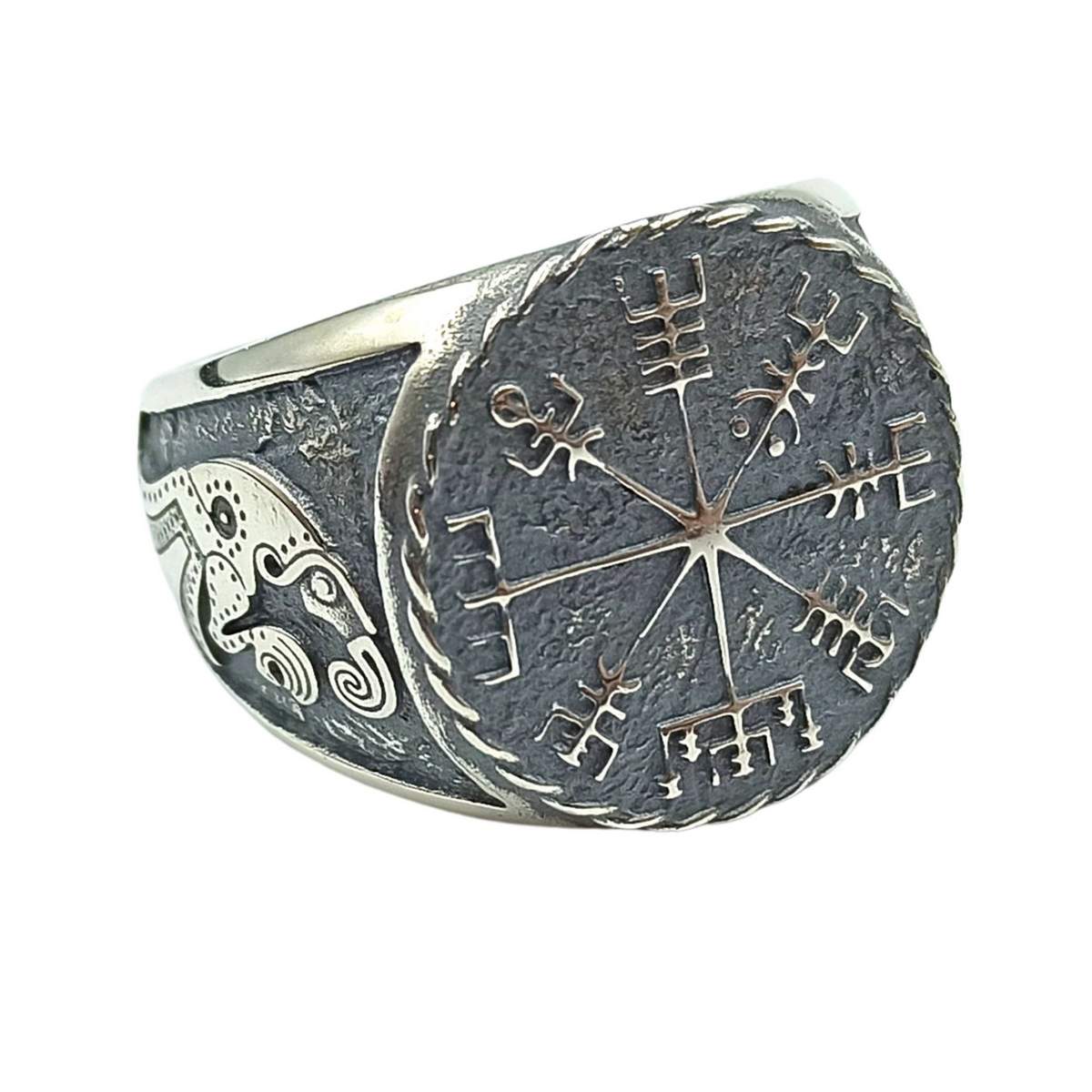Vegvisir with germanic ravens silver signet ring 6 US/CA  