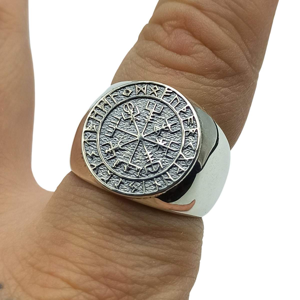 Vegvisir in Futhark runes silver ring