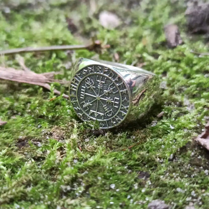 Vegvisir in Futhark runes silver ring