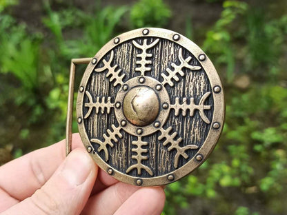 Viking shield belt buckle with Helm of Awe