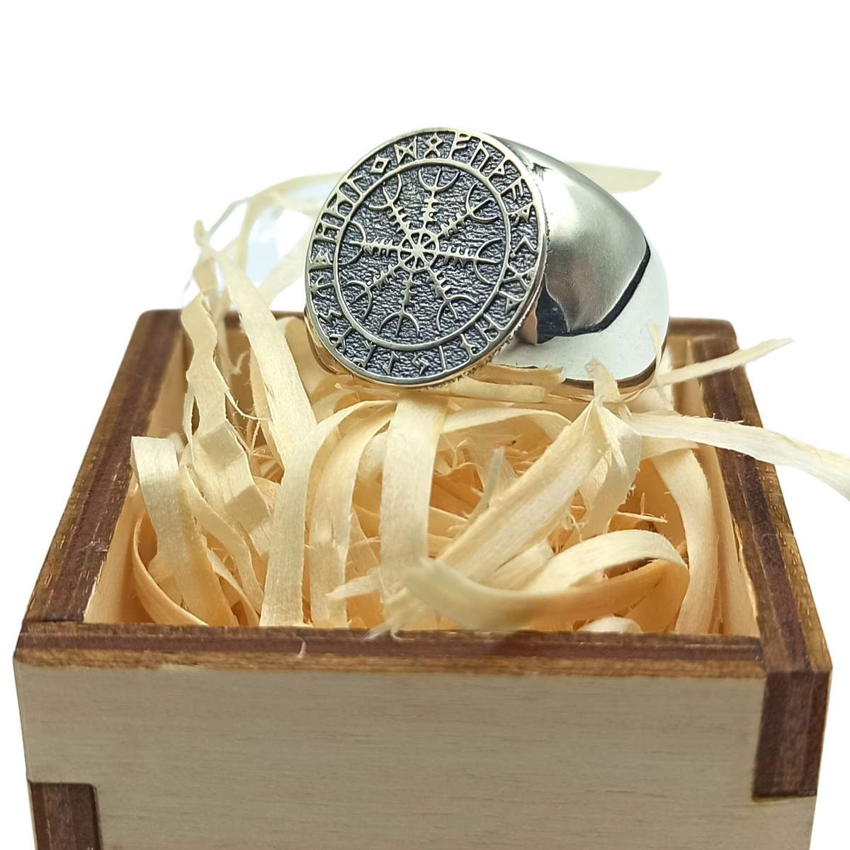 Helm of Awe in rune circle silver ring   